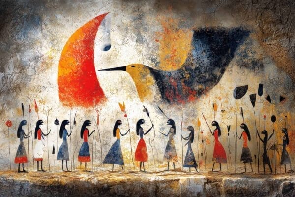 "Abstract digital painting of figures and bird in earthy and orange tones."
