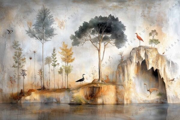 Surrealist mural of trees and birds on rocky landscape with muted earth tones.