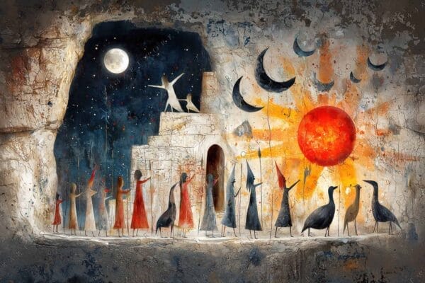 "Surreal painting of diverse figures under moon and sun, in orange and blue hues."