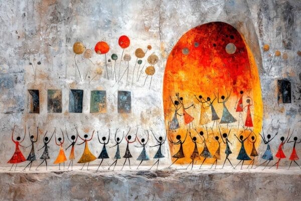 Abstract painting of dancing figures in warm orange and neutral gray tones.