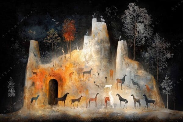 "Abstract digital artwork with stylized animals and trees on textured orangish-brown background."