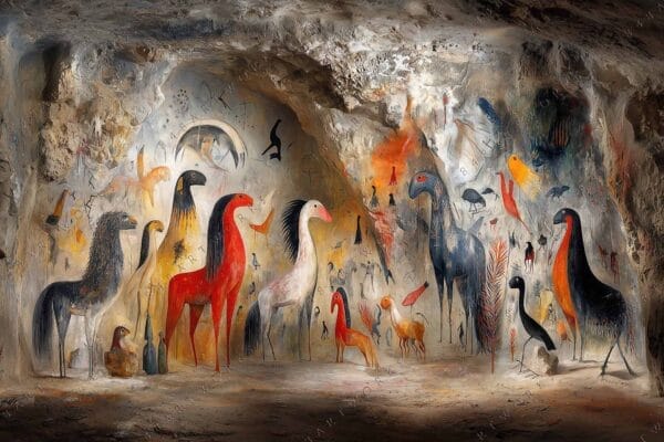 Digital painting of colorful prehistoric cave art on a rocky wall surface.