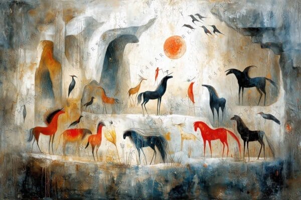"Abstract painting of stylized horses and birds in earthy tones with red accents."