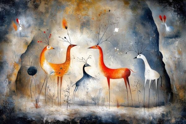 "Whimsical digital painting of abstract deer in warm earth tones on textured background."