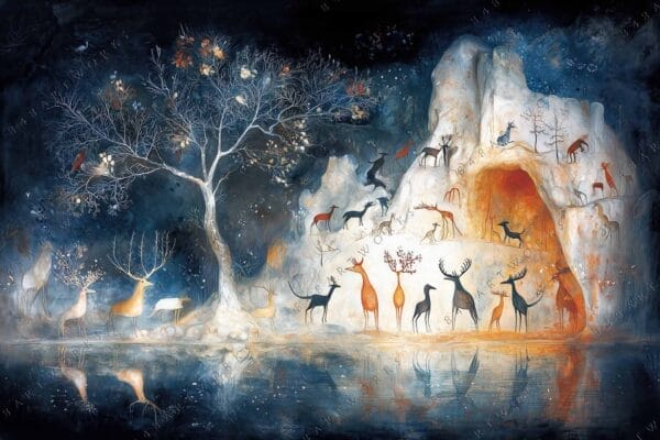 "Fantasy digital painting of deer and trees with mystical cave, in dark blue tones."