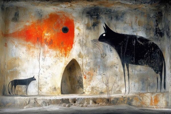 "Surreal painting of two abstract black cats on textured, earth-toned background with orange splash."