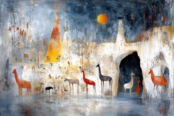 "Abstract painting of animals in a mystical, snowy landscape with an orange sun."