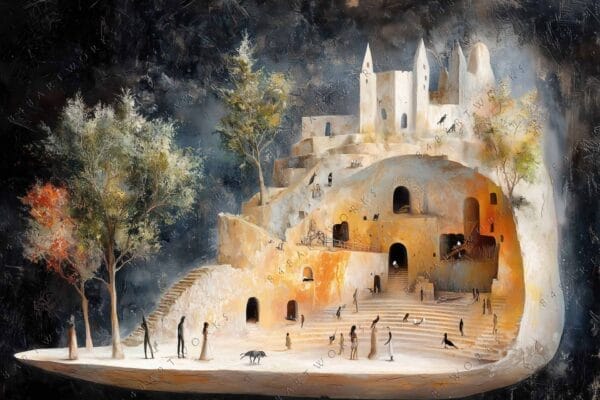 "Surreal digital painting of a medieval village with silhouettes and trees against a dark sky."