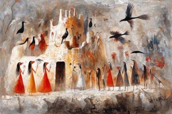 Abstract painting of surreal figures and birds in earthy tones with textured background.