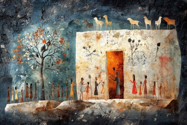 "Abstract painting of figures and tree in earthy tones, with textured blue background."