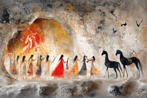 Ancient cave painting depicting figures, horses, and birds in earthy red and beige tones.