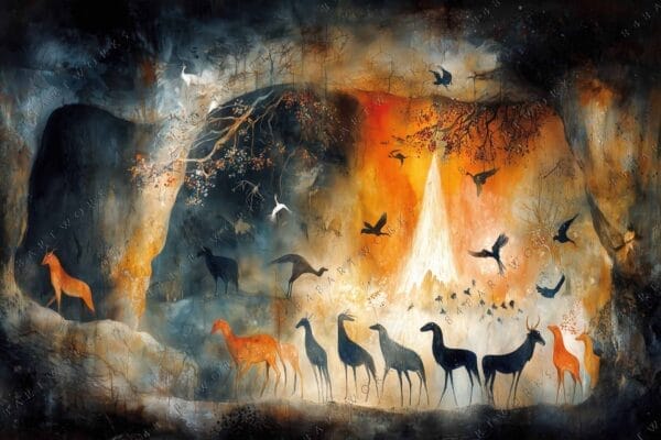 Abstract digital painting of silhouetted animals and birds in dark and fiery orange hues.