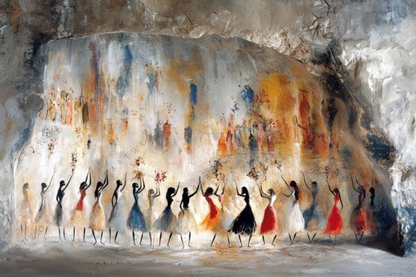 "Abstract painting of dancers in vibrant red, black, orange on textured, earthy background."
