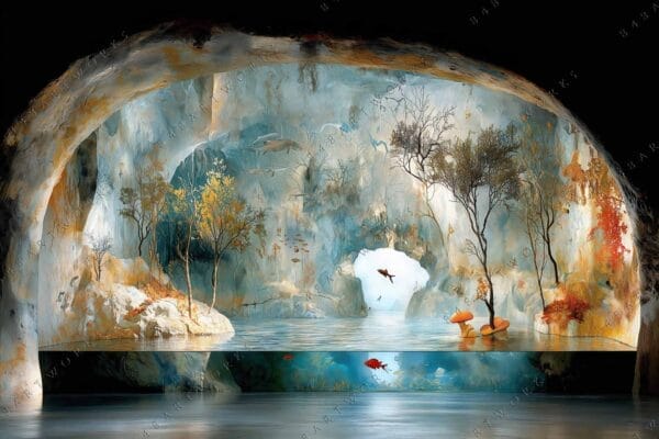 Surreal digital painting of a cave with trees, fish, and vibrant autumn colors.