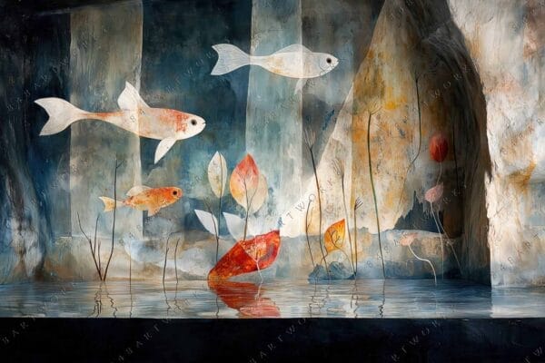 Surrealistic painting of fish and abstract plants in aquatic tones with muted backgrounds.