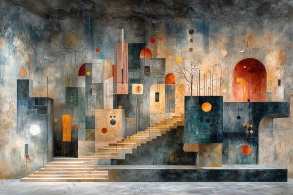"Abstract geometric painting with muted blue, orange, and gray shapes on textured backdrop."