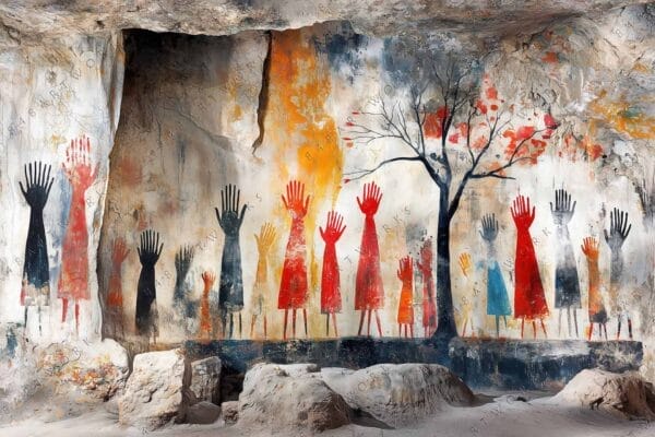 Colorful cave painting of raised hands and a tree in red, black, and orange.