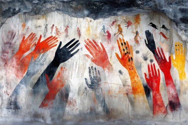 Cave painting depicting multicolored handprints and figures under a rocky overhang.
