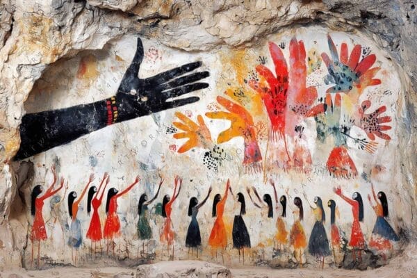 Cave mural with painted handprints and figures in red, orange, black, and white.