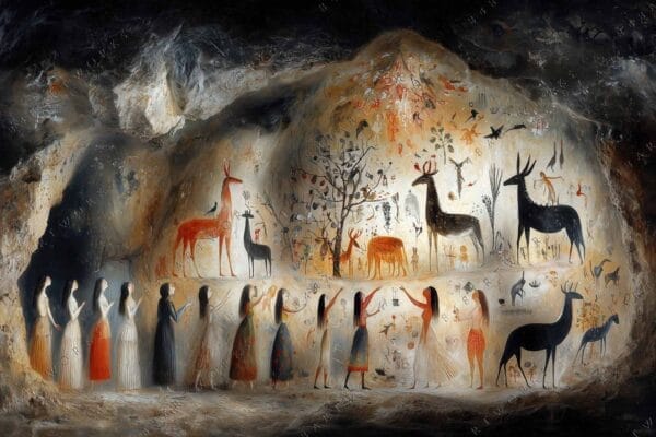 "Digital painting of ancient cave art with human figures and animals in earthy tones."