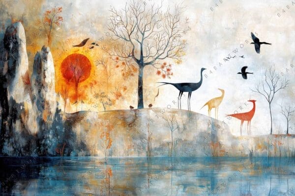 Surreal digital painting of animals and trees with vivid orange and blue accents.