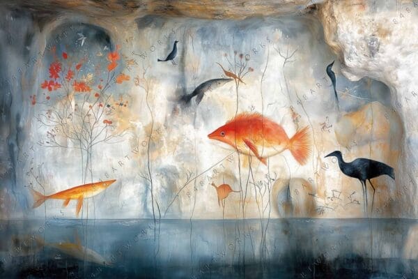 Surreal painting of aquatic animals and plants in a cave with orange and blue hues.