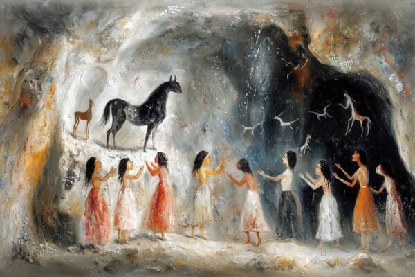Impressionistic painting of women and horses in earthy tones on cave-like background.