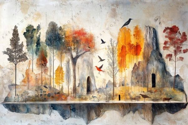 "Surreal digital painting of colorful trees, birds, and animals on a floating island."