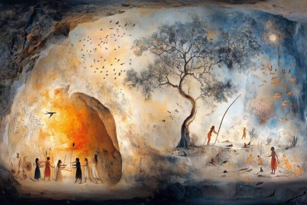 "Digital painting of ancient cave scene with figures, tree, and flying birds in warm tones."