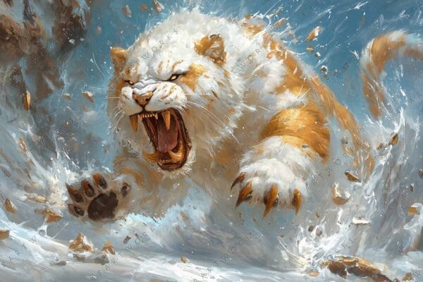 "Dynamic digital painting of a roaring tiger in snowy landscape, with blue and white tones."
