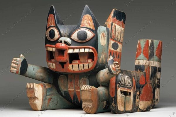 Wooden sculpture of a seated creature with large eyes and geometric patterns.