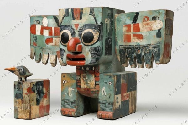 Abstract wooden sculpture of an owl with a smaller bird, in earthy tones.