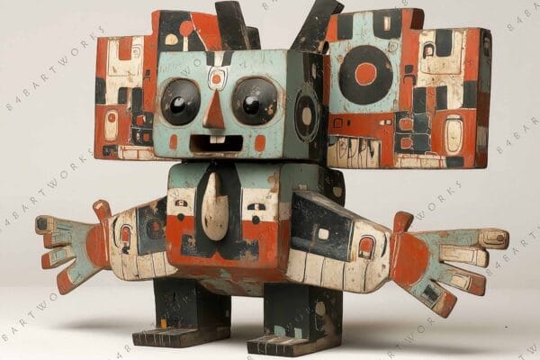 Wooden robot sculpture with geometric patterns in teal, orange, and black tones.