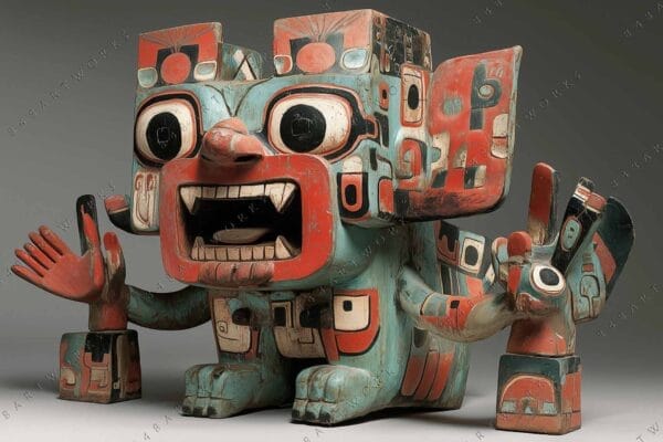 Carved wooden sculpture with abstract figures, painted in red, turquoise, and black.