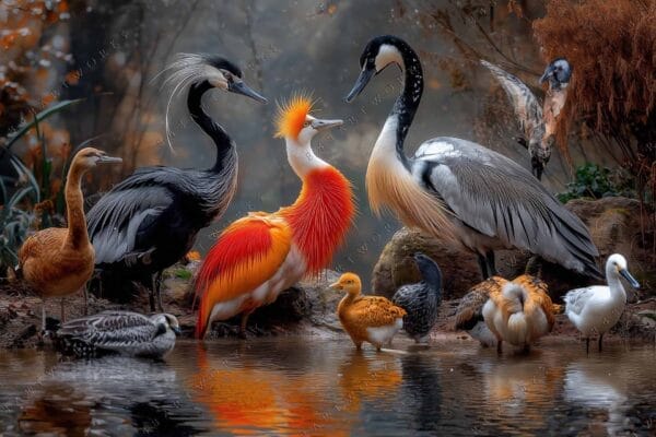 Digital painting of colorful birds gathered by a reflective water pond, autumn backdrop.