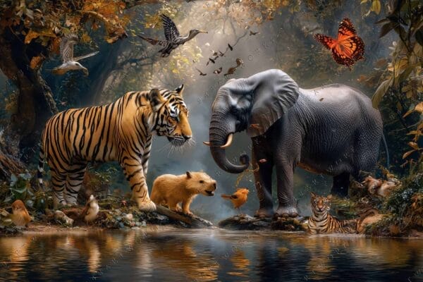 Digital art of jungle animals by a water body, with birds and butterflies.