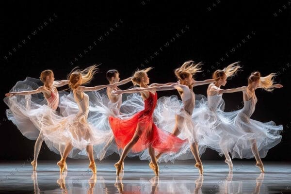 Ballet dancers on stage, one in red, others in white tulle dresses. Digital art.