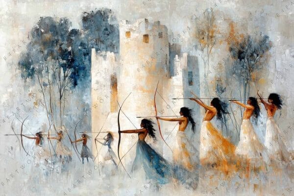 Abstract digital painting of archers in white dresses against a castle backdrop.