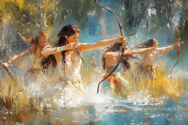 "Impressionistic painting of three women with bows wading through a vivid watery landscape."