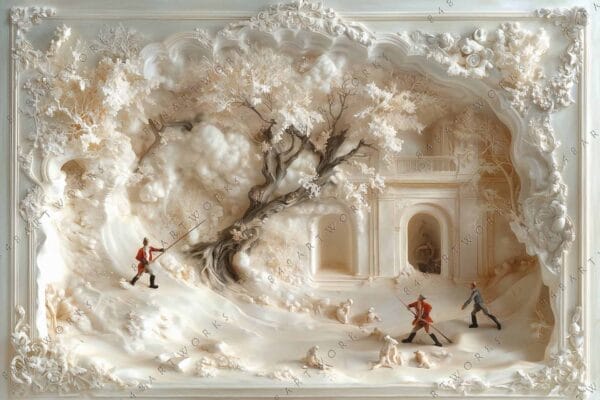 "Intricate relief sculpture depicting a hunting scene with trees in ivory and beige tones."