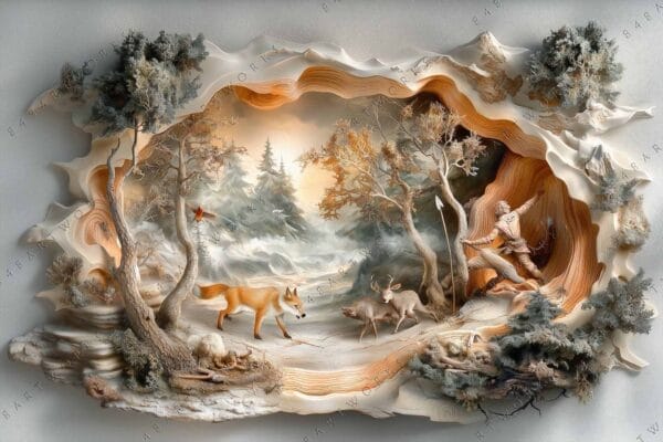 "Intricate paper sculpture of a forest scene with fox, deer, and hunter in earth tones."