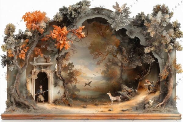 "Baroque-inspired painting with forest scene, bright orange foliage, and detailed stone archway."
