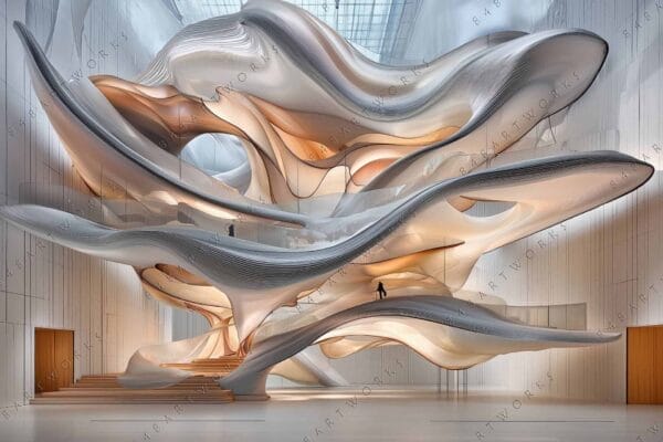 Futuristic interior design with flowing architectural forms in soft beige and gray tones.