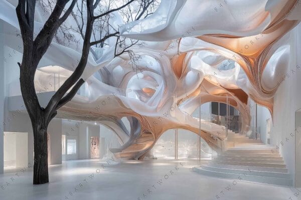 Futuristic interior with flowing white drapery and organic shapes around a twisting staircase.