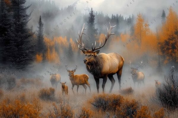 Digital painting of elk herd in misty autumn forest with orange and green foliage.
