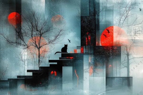 "Abstract digital art of a cat on stairs with red moons and bare trees."