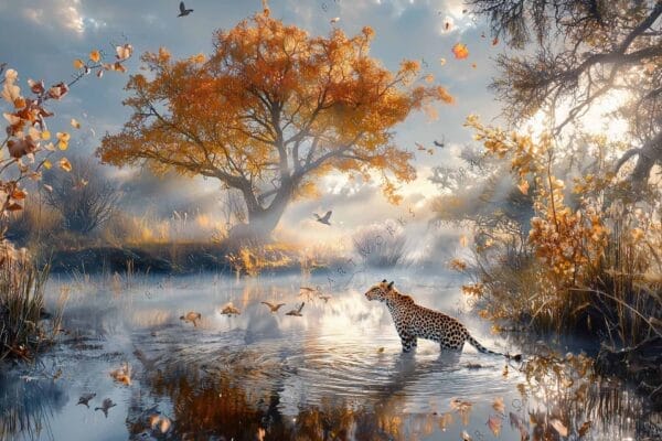 "Digital art of a leopard in a serene autumn landscape with soft golden hues."