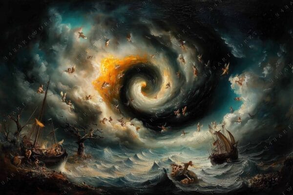 Dramatic digital painting of ships in stormy seas with swirling vortex and flying figures.