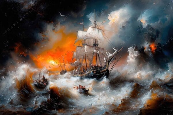 Historic sailing ships in stormy seas, digital painting with dramatic sky and waves.