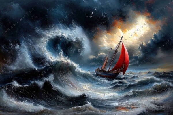 Oil painting of a ship with red sails on stormy sea under dramatic skies.
